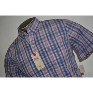 25218 IZOD Dress Shirt Purple Blue Plaid Cotton Size Medium NEW